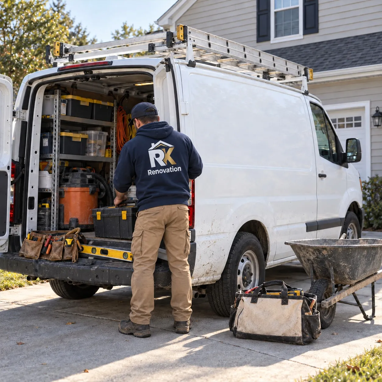 An RK Renovation van loaded for the day on a Triangle driveway, tools laid out on the tailgate