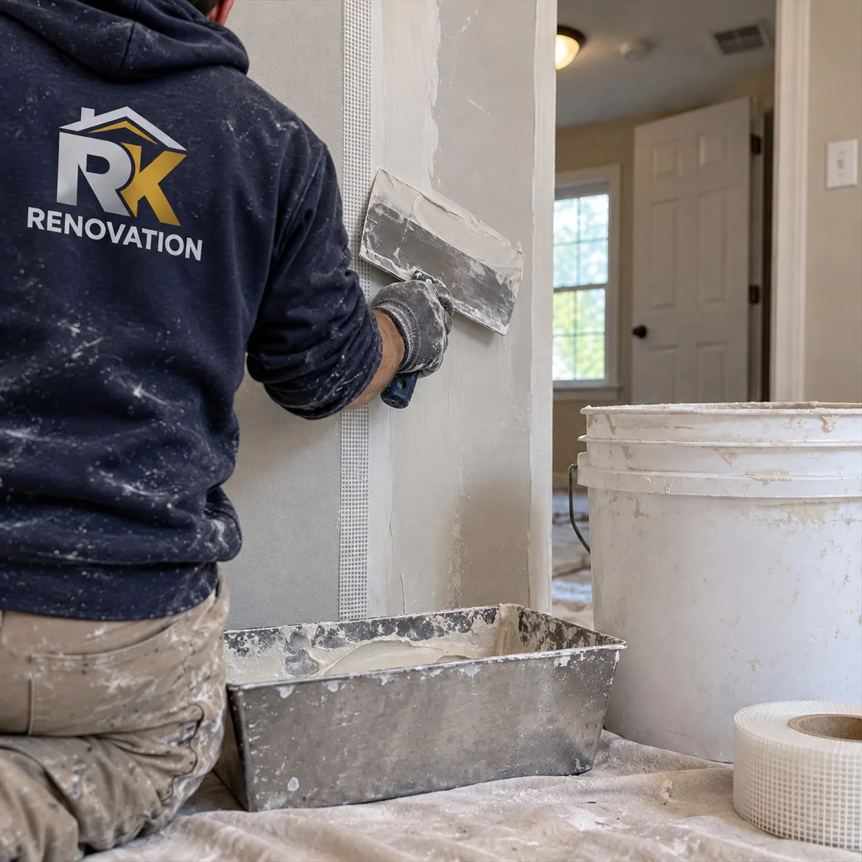 Close detail of drywall installation and repair work in progress
