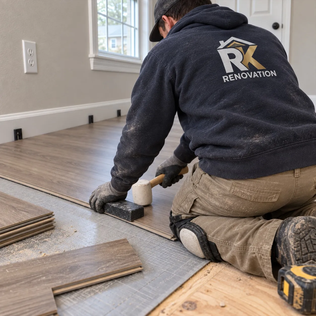 Close detail of flooring installation work in progress