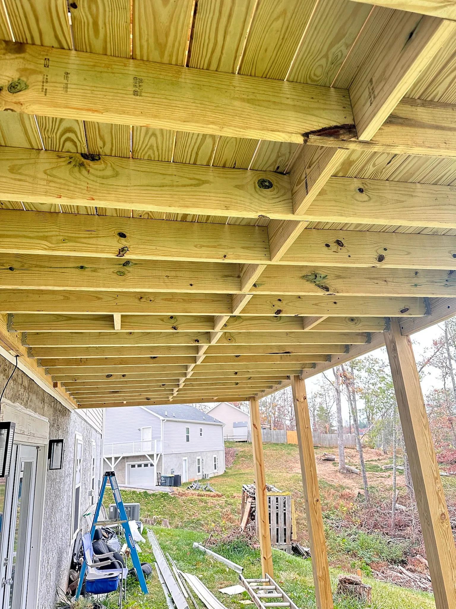 Close detail of deck and porch construction on a Wake Forest project