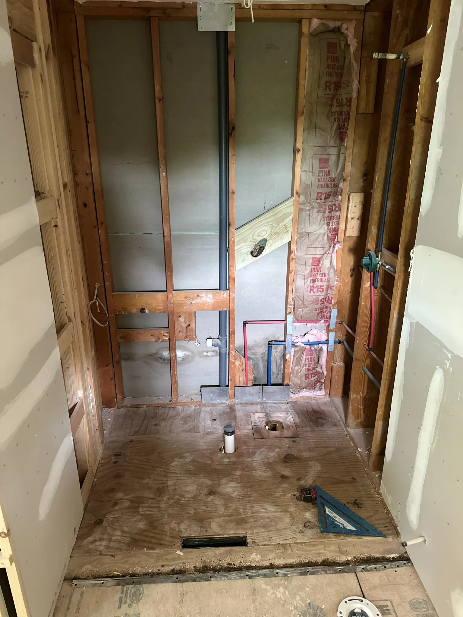 Close detail of water damage restoration on a Wake Forest project