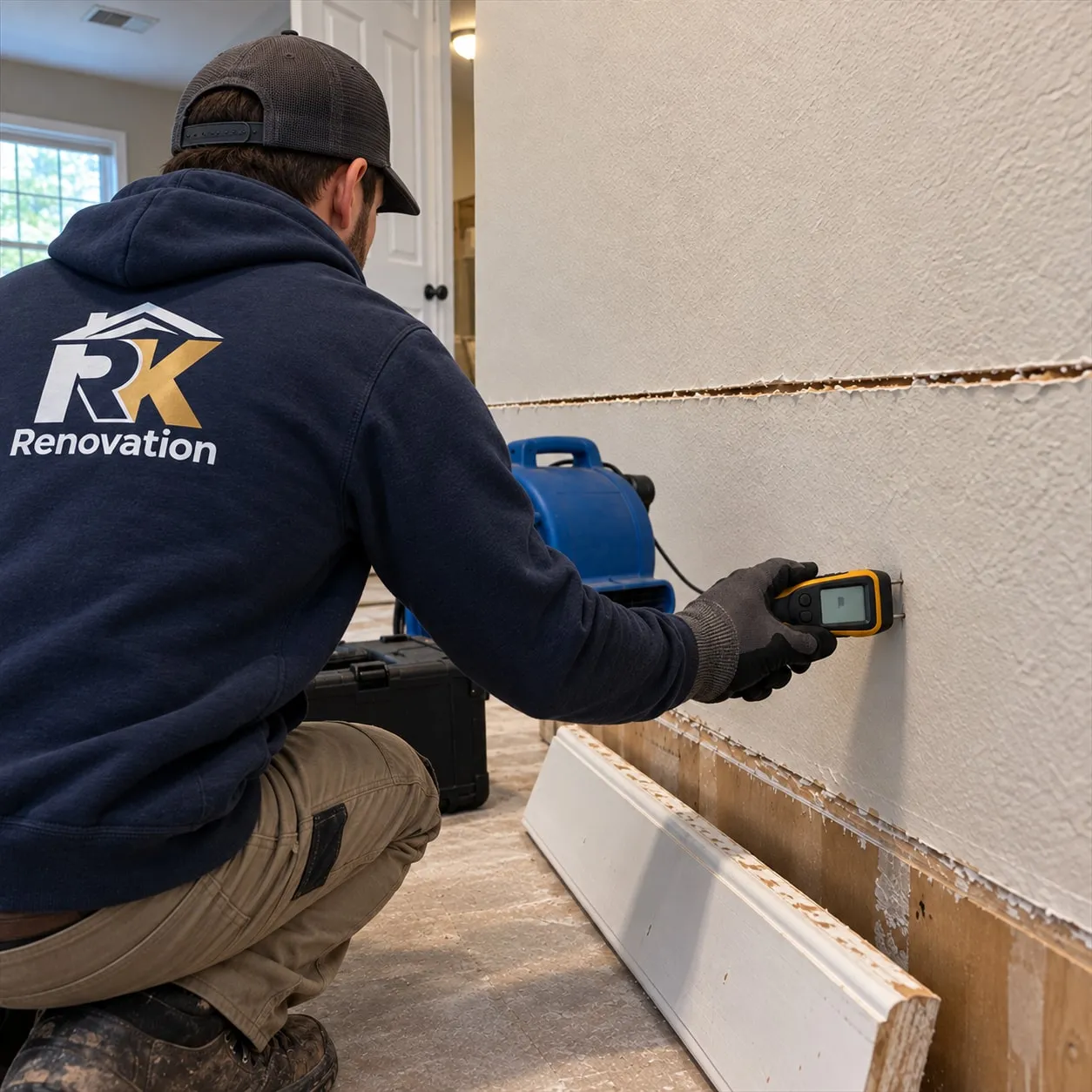 Close detail of water damage restoration work in progress